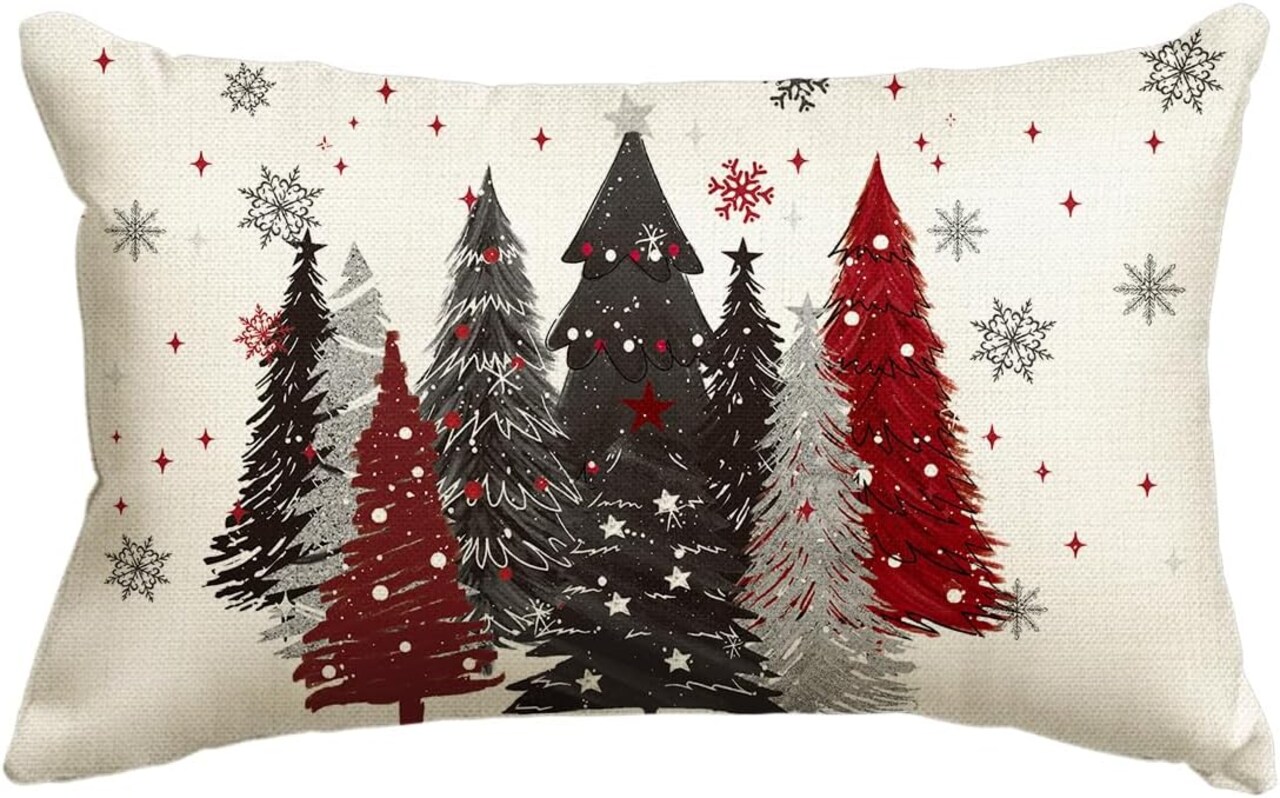 Red and Black Merry Christmas Trees Snowflake Throw Pillow Cover, 12 x 20 Inch Seasonal Winter Holiday Cushion Case Decoration for Sofa Couch
